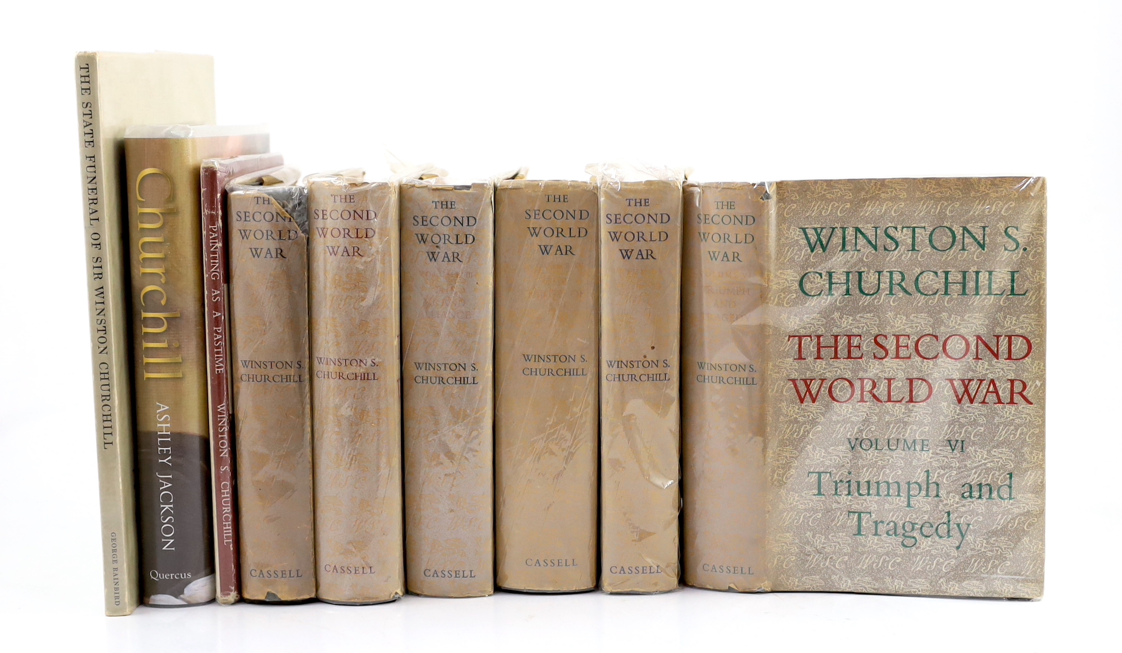 Churchill, Winston S. The Second World War. 6 volumes, 1948-1954. Painting as a Pastime. 1948. Wrappers slightly chipped. Mozeley, Charles. The State Funeral of Sir Winston Churchill. A Sketchbook by Charles Mozley. 1965